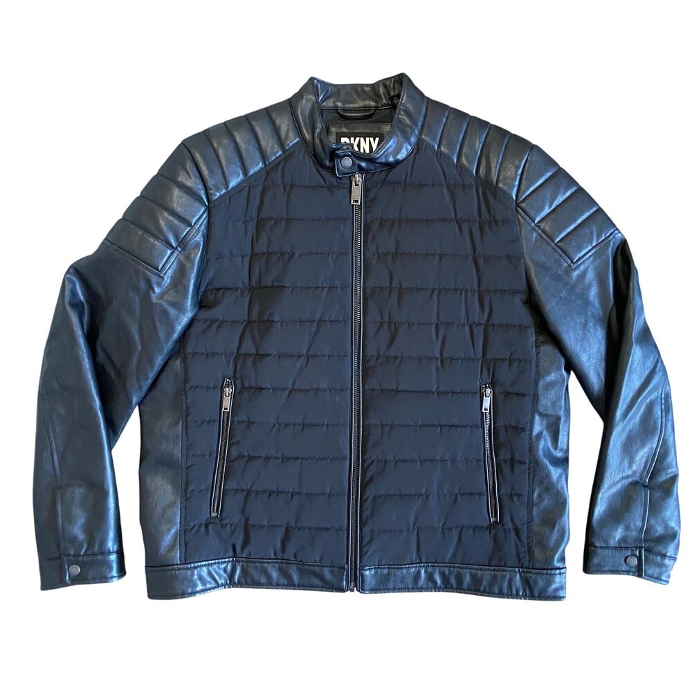 DKNY Faux Leather Puffer Motocross Racer Jacket Sz XL Black